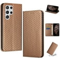 thumbnail image 1 of SaniMore for Samsung Galaxy S23 Ultra Wallet Case, Wrist Strap Magnetic Clasp, Card Slots Carbon Fibre Skin Shockproof TPU Anti-drop Anti-scractch Stand Business Full Body Protective Shell, Brown, 1 of 8
