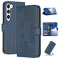 thumbnail image 1 of SaniMore for Samsung Galaxy S23 Wallet Case, PU Leather Embossed Flower Adjustable Stand Card Slots Cash Pocket Business Shell Styllish Full Protective Shockproof Anti-drop TPU Retro Design, BlBlue, 1 of 9