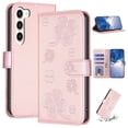 thumbnail image 1 of SaniMore for Samsung Galaxy S23 Wallet Case, PU Leather Embossed Flower Adjustable Stand Card Slots Cash Pocket Business Shell Styllish Full Protective Shockproof Anti-drop TPU Retro Design, BlPink, 1 of 9