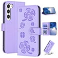 thumbnail image 1 of SaniMore for Samsung Galaxy S23 Wallet Case, PU Leather Embossed Flower Adjustable Stand Card Slots Cash Pocket Business Shell Styllish Full Protective Shockproof Anti-drop TPU Retro Design, Purple, 1 of 9