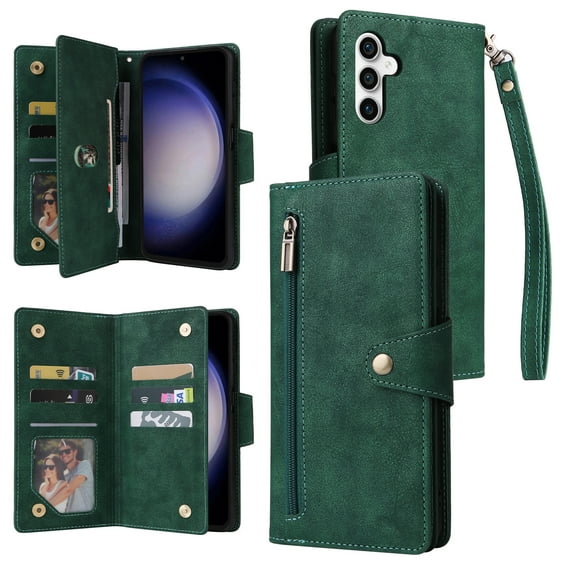 SaniMore for Samsung Galaxy S23FE Case, PU Leather 2 in 1 Zipper Wallet Removeable Wrist Strap Card Slots Cash Pocket Kickstand Shockproof Anti-fall Full Protective Shell For Samsung S23FE, Green
