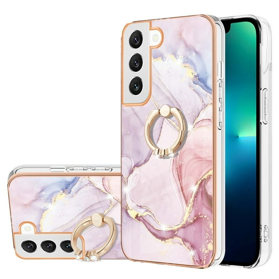 SaniMore for Samsung Galaxy S24 2024 Case with 360 Degree Rotating Metal Ring Shockproof TPU Backplane Marble Pattern Luxury Fashion Anti-drop Cover For Samsung Galaxy S24, Rosegold