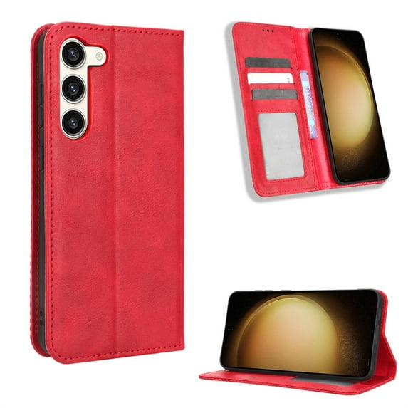 SaniMore Samsung Galaxy S24 6.2" 2024 Case, Magnetic Folio PU Leather Cover with Card Slots Cash Pocket Stand Feature Full-body Protctive Shockproof Anti-fall Business Wallet Retro Shell, Red