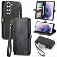 thumbnail image 1 of SaniMore for Samsung Galaxy S24 (6.2") Case, PU Leather Embossed Lines Wristlet Zipper Cash Pocket Card Slots Magnetic Flip Stand Full Protective TPU Shell Anti-drop Business Design, Black, 1 of 10