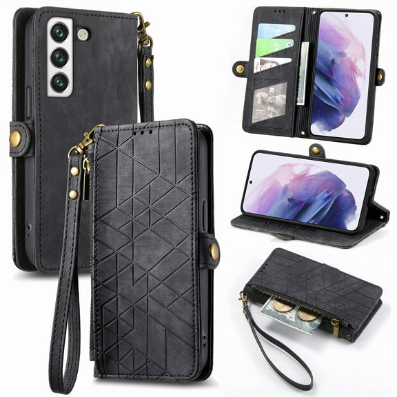SaniMore for Samsung Galaxy S24 (6.2") Case, PU Leather Embossed Lines Wristlet Zipper Cash Pocket Card Slots Magnetic Flip Stand Full Protective TPU Shell Anti-drop Business Design, Black