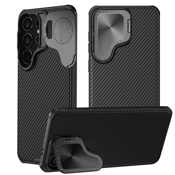SaniMore for Samsung Galaxy S24 Case with Camera Cover Foldable Bracket Skin-feel Carbon Fibre Slim Fit Lightweight Anti-scracth Drop Resistant Shockproof Protetcive Rugged Shell, Black
