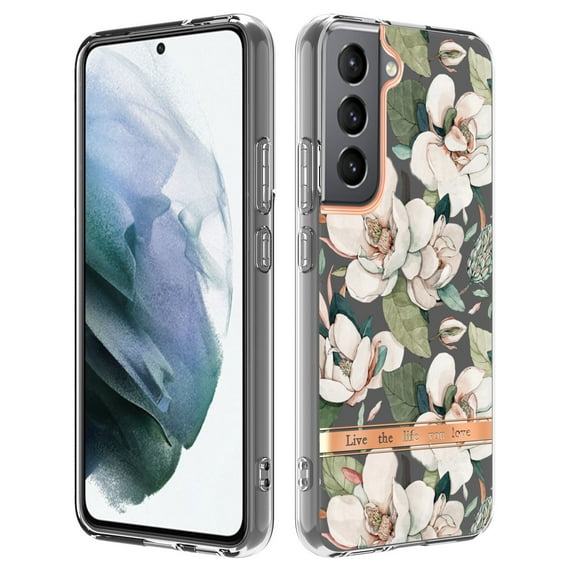SaniMore for Samsung Galaxy S24 Case, Flexible TPU Magnetic Cover Support Wireless Charging Slim Flower Grass Pattern Shockproof Protective Shell for Ladies Women Girls, White Flowers