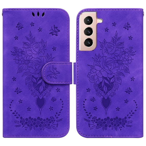 SaniMore for Samsung Galaxy S24 Case Flower Embossed Design, Card Wallet Cover for Women Girls with Card Holder Kickstand Wrist Strap PU Leather All-Round Shock Protection Shell, Purple