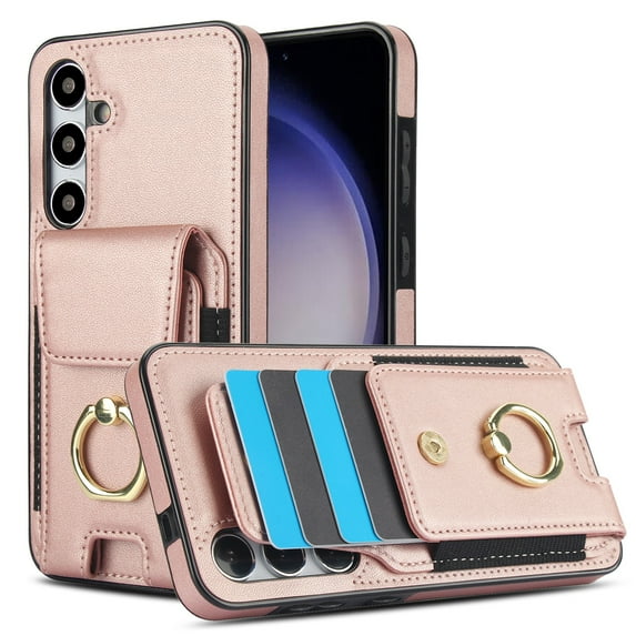 SaniMore for Samsung Galaxy S24 Case with Metal Rotating Ring Kickstand RFID Blocking Card Slots PU Leather Anti-scractch Wear-resitant Shockproof Wallet Cover for Samsung S24, Rosegold