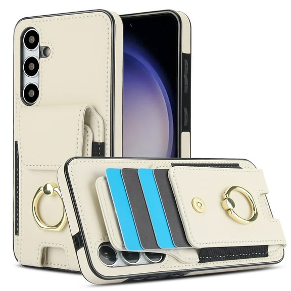 SaniMore for Samsung Galaxy S24 Case with Metal Rotating Ring Kickstand RFID Blocking Card Slots PU Leather Anti-scractch Wear-resitant Shockproof Wallet Cover for Samsung S24, Apricot