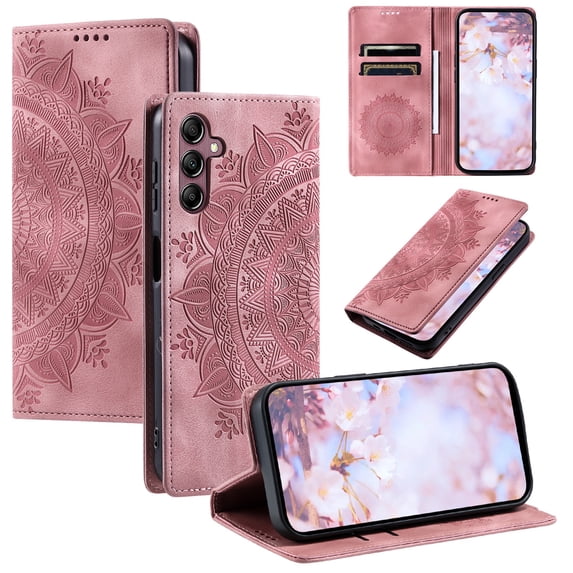 SaniMore for Samsung Galaxy S24 Case, PU Leather Embosed Mandala Flower Wallet Protective Phone Cover Card Slots Pocket Purse Women Men Kickstand Vintage Shockproof Anti-fall Shell, Pink