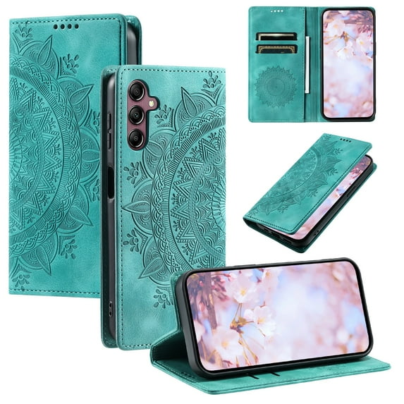 SaniMore for Samsung Galaxy S24 Case, PU Leather Embosed Mandala Flower Wallet Protective Phone Cover Card Slots Pocket Purse Women Men Kickstand Vintage Shockproof Anti-fall Shell, Green