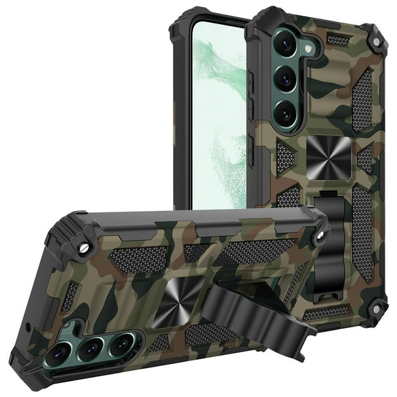 SaniMore for Samsung Galaxy S24 Case, Rugged PC & Soft TPU CD Magnetic Cover Built-in Car Mount & Multi-View Kickstand Camouflage Military Grade Shockproof Heavy Duty Protective Shell, Armygreen