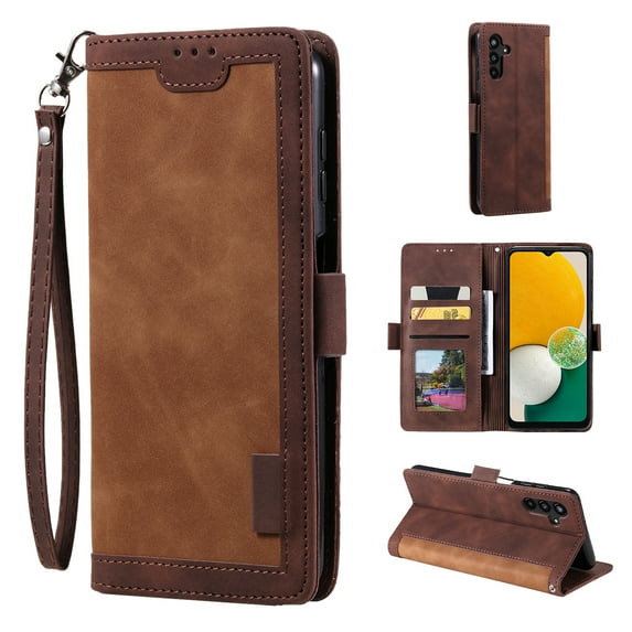 SaniMore for Samsung Galaxy S24 Case with Wristlet Strap PU Leather Shockproof TPU Shell Card Slots Cash Pocket Flip Kickstand Magnetic Closure Full Protective Business Wallet Cover, Brown