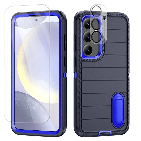SaniMore for Samsung Galaxy S24 Hybird Case, [Tempered Glass Screen Protector] Rugged PC Back Shockproof TPU Shell Hidden Kickstand Drop Resistant Anti-slip Heavy Duty Protective Cover, E-Darkvblue