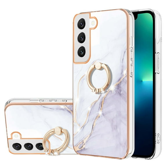 SaniMore for Samsung Galaxy S24 Plus 2024 Case with 360 Degree Rotating Metal Ring Shockproof TPU Backplane Marble Pattern Luxury Fashion Anti-drop Cover For Samsung Galaxy S24 Plus, White