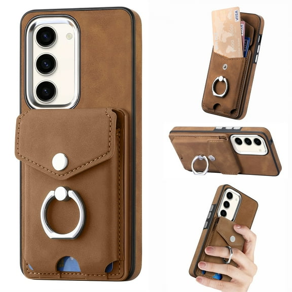 SaniMore for Samsung Galaxy S24 Plus (6.7" 2024) Wallet Case, Flip Cash Pocket 360° Rotating Metal Holder Kickstand PU Leather Shockproof TPU Card Slots Magnetic Car Mount Wear-resistant Shell, Brown