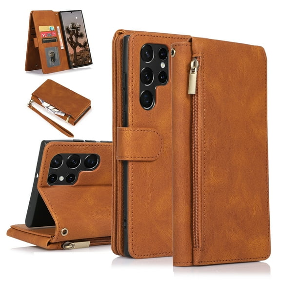 SaniMore Samsung Galaxy S24 Plus Case (6.6" 2024) with Zipper Wallet & Wrist Strap & Magnetic Closure Card Slots Kickstand Slim Full-around Protective Business Cover for Galaxy S24 Plus, Brown
