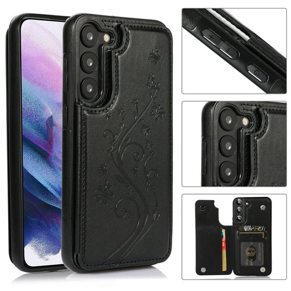 SaniMore for Samsung Galaxy S24 Plus Case, PU Leather Magnetic Button Wallet Embossed Pattern Cover with Card Slot & Kickstand Shockproof Protective Shell for Women Ladies, Black