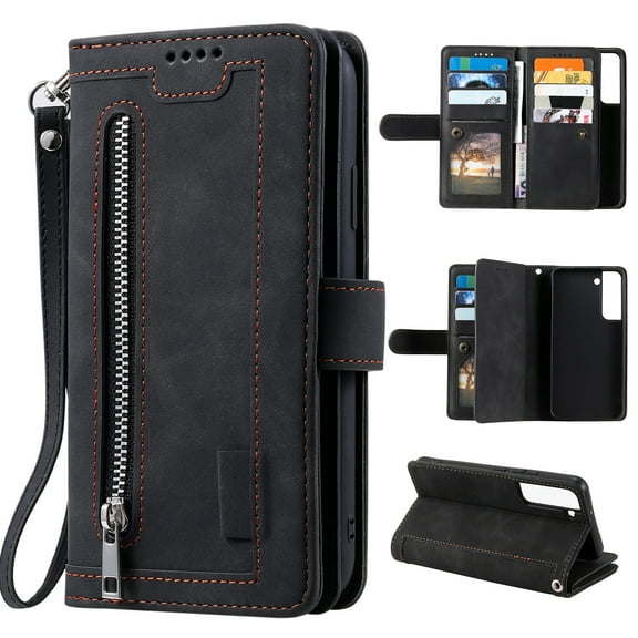 SaniMore for Samsung Galaxy S24 Plus Case, Prumium PU Leather Zipper Wallet Card Slots Cash Pocket Flip Kickstand Lanyard Anti-drop Shcokproof Full Body Wrap Business Cover, Black