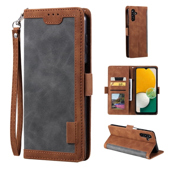SaniMore for Samsung Galaxy S24 Plus Case with Wristlet Strap PU Leather Shockproof TPU Shell Card Slots Cash Pocket Flip Kickstand Magnetic Closure Full Protective Business Wallet Cover, Gray