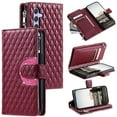 thumbnail image 1 of SaniMore for Samsung Galaxy S24 Plus PU Leather Case, 3D Lattice Pattern for Girls Card Slots Zipper Purse Glitter Magnetic Clasp Flip Kickstand [Hand Rope] Full Protection Shockproof, Winered, 1 of 15
