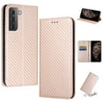 thumbnail image 1 of SaniMore for Samsung Galaxy S24 Plus Wallet Case, Wrist Strap Magnetic Clasp, Card Slots Carbon Fibre Skin Shockproof TPU Anti-drop Anti-scractch Stand Business Full Body Protective Shell, Rosegold, 1 of 10