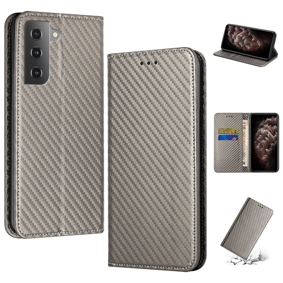 SaniMore for Samsung Galaxy S24 Plus Wallet Case, Wrist Strap Magnetic Clasp, Card Slots Carbon Fibre Skin Shockproof TPU Anti-drop Anti-scractch Stand Business Full Body Protective Shell, Gray