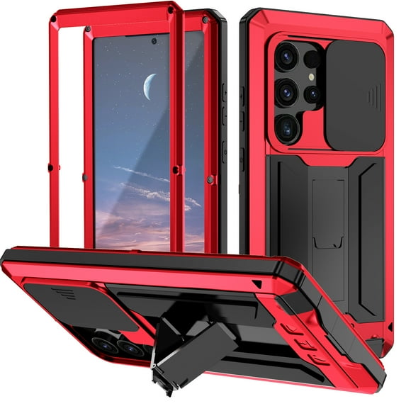 SaniMore for Samsung Galaxy S24 Ultra 5G 2024 Rugged case with Screen Protector, Stand Camera Slide Cover for Samsung S24 Ultra Metal Military Sturdy Armour Shockproof Cover for Man Outdoor, Red