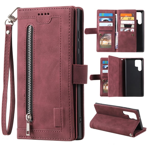 SaniMore for Samsung Galaxy S24 Ultra 6.8" 2024 Case, Prumium PU Leather Zipper Wallet Card Slots Cash Pocket Flip Kickstand Lanyard Anti-drop Shcokproof Full Body Wrap Business Case, Winered
