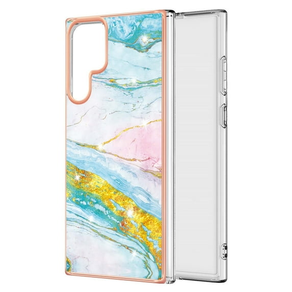 SaniMore for Samsung Galaxy S24 Ultra 6.8" 2024 Case with Wireless Charging Shockproof TPU Backplane Glitter Marble Pattern Fashion Design Anti-drop Anti-fingerprint Skin-feel Cover, Green//Pink