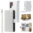 thumbnail image 1 of SaniMore for Samsung Galaxy S24 Ultra (6.8" 2024) Wallet Case, Wrist/Crossbody Lanyard, 3D Lattice PU Leather Kickstand Zipper Purse Card Slots Magnetic Clasp Shockproof TPU Shell Anti-drop, White, 1 of 12