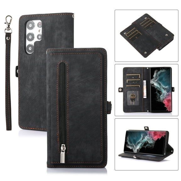 SaniMore Samsung Galaxy S24 Ultra Business Case (6.8"), Zipper Wallet + Magnetic Clasp + Card Slots + Flip Kickstand + Wrist/Crossbody Strap [Shockproof Anti-fall] Full-body Protective Shell, Black