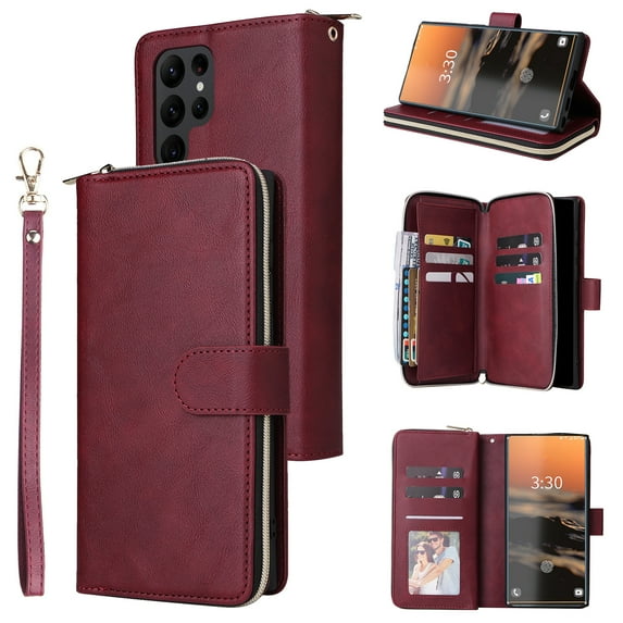 SaniMore for Samsung Galaxy S24 Ultra Case, 3 in 1 Zipper Purse Cover + Card Slots + Kickstand + Detachable Lanyard Comprehensive Protective Shockproof Anti-drop Shell For Galaxy S24 Ultra, Winered