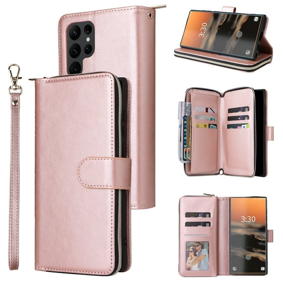 SaniMore for Samsung Galaxy S24 Ultra Case, 3 in 1 Zipper Purse Cover + Card Slots + Kickstand + Detachable Lanyard Comprehensive Protective Shockproof Anti-drop Shell For Galaxy S24 Ultra, Rosegold