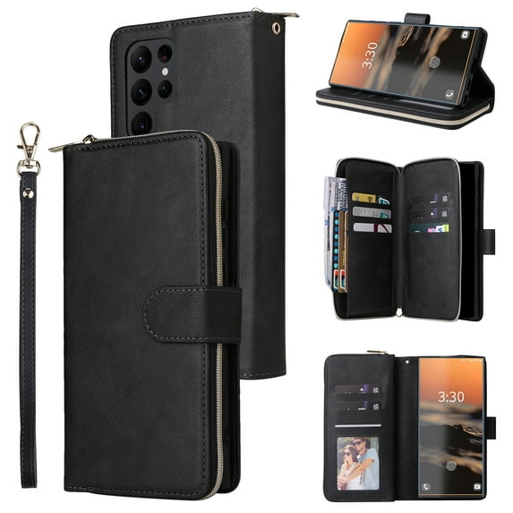 SaniMore for Samsung Galaxy S24 Ultra Case, 3 in 1 Zipper Purse Cover + Card Slots + Kickstand + Detachable Lanyard Comprehensive Protective Shockproof Anti-drop Shell For Galaxy S24 Ultra, Black