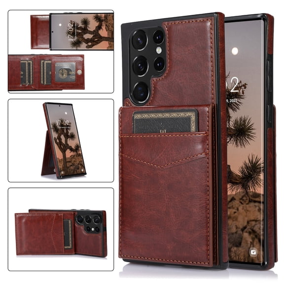 SaniMore for Samsung Galaxy S24 Ultra Case, Card Slots Case with Flip Kickstand Premium Leather Magnetic Clasp Anti-scratch Anti-drop Heavy Duty Protective Case for Galaxy S24 Ultra, Brown