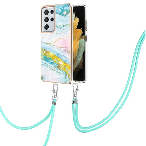 SaniMore for Samsung Galaxy S24 Ultra Case with Detachable Crossbody Lanyard Shockproof TPU Backplane Marble Pattern Luxury Fashion Anti-drop Slim Lightweight Cover For S24 Ultra, Green/Pink