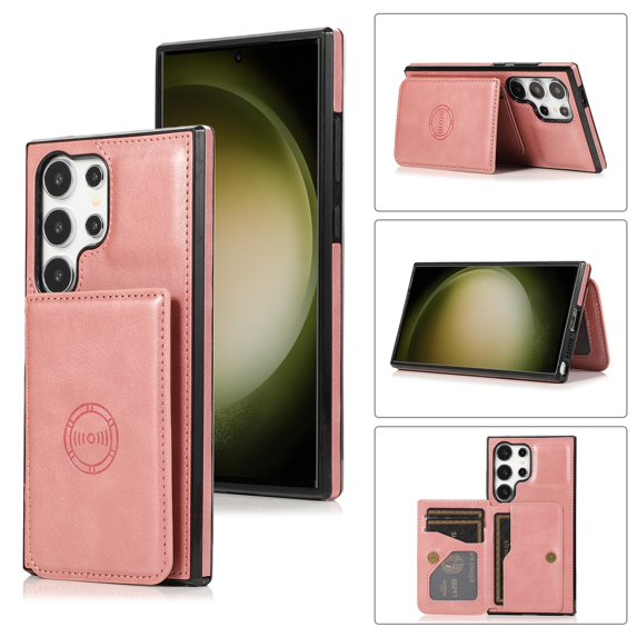 SaniMore for Samsung Galaxy S24 Ultra Case Multi-Functional Wallet Card Holder, Premium PU Leather Cover Vehicle Magnetic Support Kickstand Shockproof Protective Shell for Samsung S24 Ultra, Rosegold