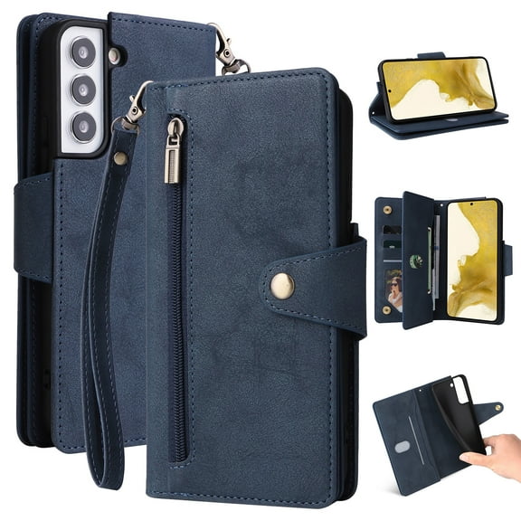 SaniMore for Samsung Galaxy S24 Ultra Case, PU Leather 2 in 1 Zipper Wallet Removeable Wris Strap Card Slots Cash Pocket Kickstand Shockproof Anti-fall Full Protective Shell, BBlue