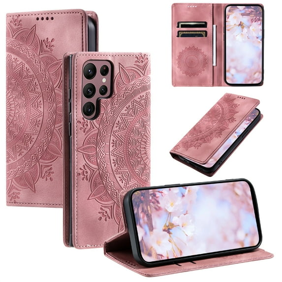 SaniMore for Samsung Galaxy S24 Ultra Case, PU Leather Embosed Mandala Flower Wallet Protective Phone Cover Card Slots Pocket Purse Women Men Kickstand Vintage Shockproof Anti-fall Shell, Pink