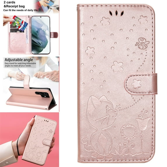 SaniMore for Samsung Galaxy S24 Ultra Case, PU Leather Skin with Embossed Cat Flip Magnetic Cover Card Slots Kickstand Detachable Lanyard Full Around Wallet Cover For S24 Ultra, Rosegold