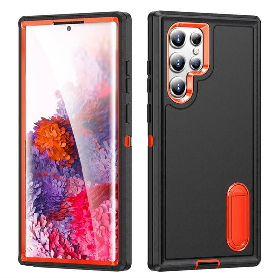 SaniMore for Samsung Galaxy S24 Ultra Hybird Case, Rugged PC Back Shockproof TPU Shell Metal Hidden Kickstand Drop Resistant Anti-slip Heavy Duty Protective Case for S24 Ultra, Black+Orange
