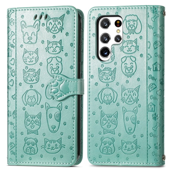 SaniMore for Samsung Galaxy S24 Ultra PU Leather Flip Wallet Case, Cat Dog Cartoon Cute Style with ID Card Holder Kickstad Cover Case with Wrist Strap for Galaxy S24 Ultra 6.8" 2024, Green