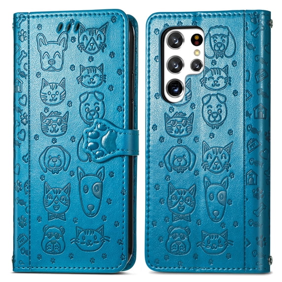 SaniMore for Samsung Galaxy S24 Ultra PU Leather Flip Wallet Case, Cat Dog Cartoon Cute Style with ID Card Holder Kickstad Cover Case with Wrist Strap for Galaxy S24 Ultra 6.8" 2024, Blue