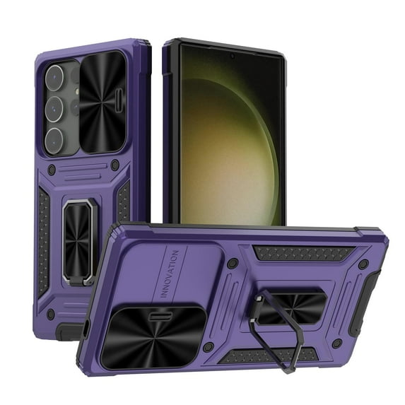 SaniMore for Samsung Galaxy S24 Ultra Stand Case, Slide Camera Cover 360 Degree Rotating Kickstand Magnetic Car Mount Hybird Tri-layer Rugged Shell Military-grade Shockproof Anti-drop Cover, Purple