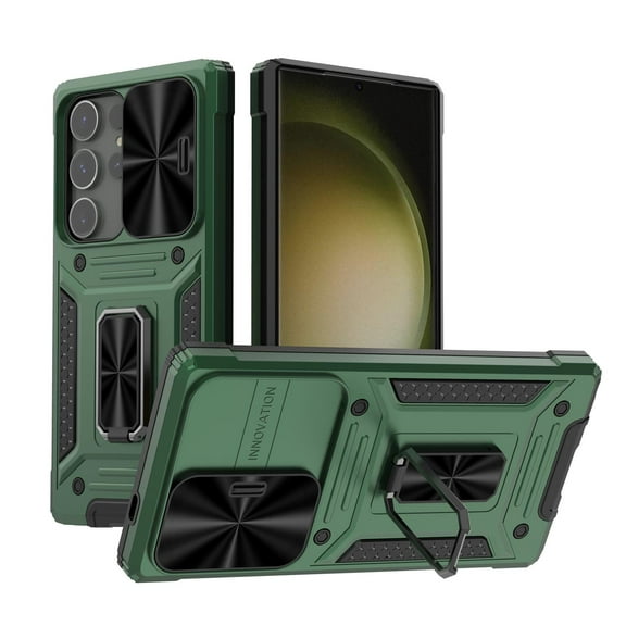 SaniMore for Samsung Galaxy S24 Ultra Stand Case, Slide Camera Cover 360 Degree Rotating Kickstand Magnetic Car Mount Hybird Tri-layer Rugged Shell Military-grade Shockproof Anti-drop Cover, Darkgreen