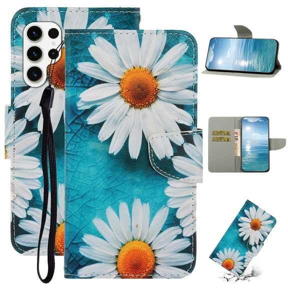 SaniMore for Samsung Galaxy S24 Ultra Wallet Case, Painted PU Leather for Women Men Wrist Strap Magnetic Clasp Card Slots All-around Protective Shockproof Anti-fall Stylish Stand Shell, Chrysanthemum