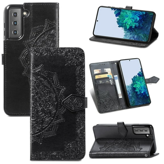 SaniMore for Samsung Galaxy S24 Wallet Case with Embossed Mandala PU Leather Flip Protection Wrist Strap Credit Card Holder Pocket Kickstand Shockproof Case for Samsung Galaxy S24, Black