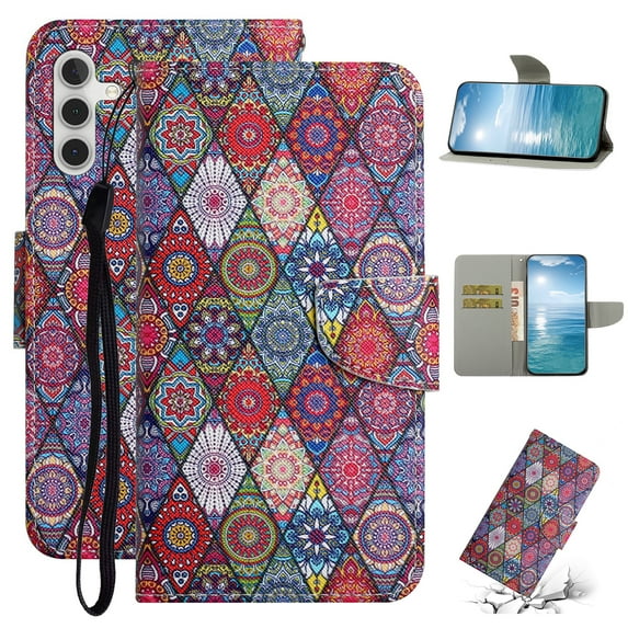 SaniMore for Samsung Galaxy S24 Wallet Case, Painted PU Leather for Women Men Wrist Strap Magnetic Clasp Card Slots All-around Protective Shockproof Anti-fall Stylish Stand Shell, Dandelion